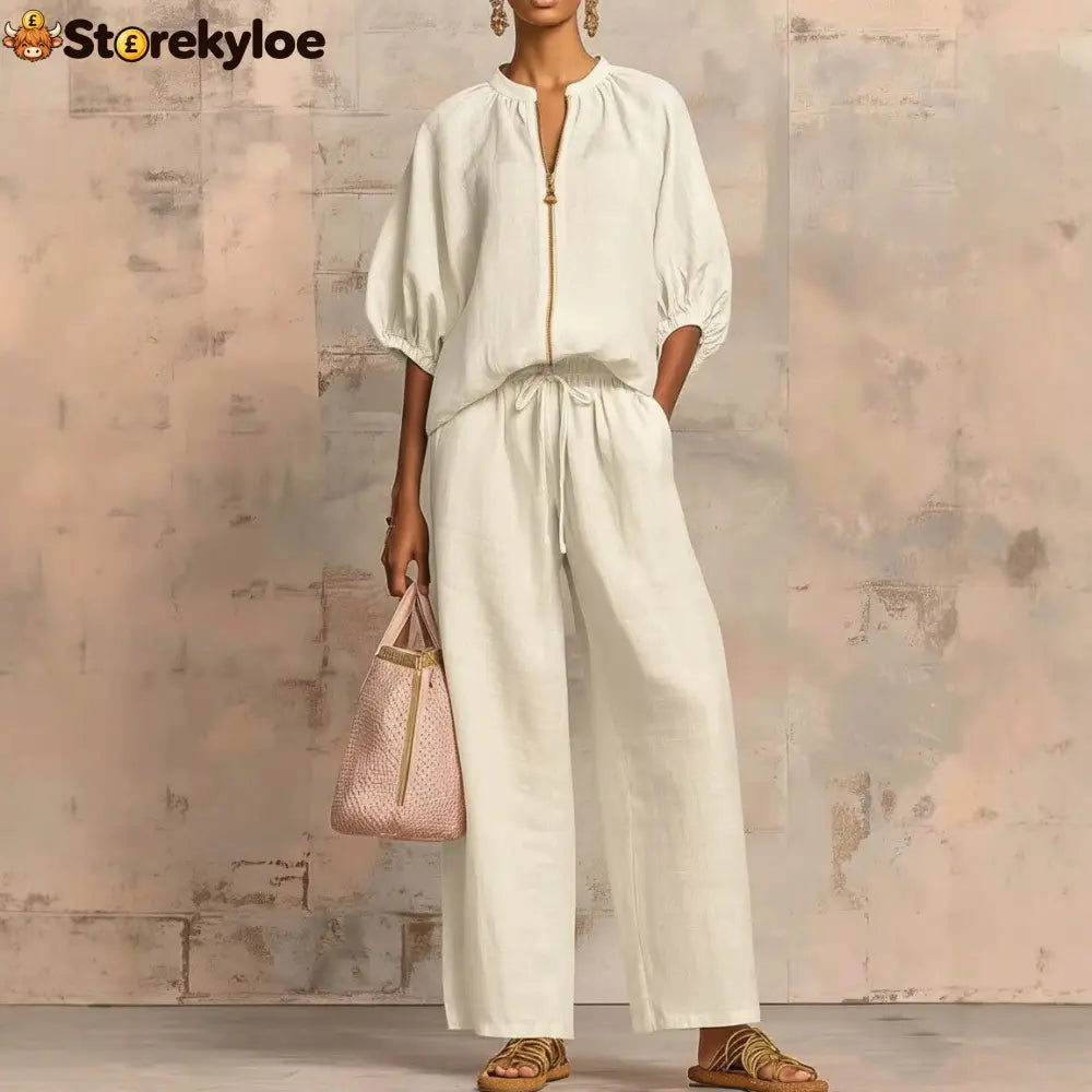 New Arrivals🔥 Stylish Cozy Zipper Shirt & Wide-Leg Pants Linen Cotton Two-Piece Set