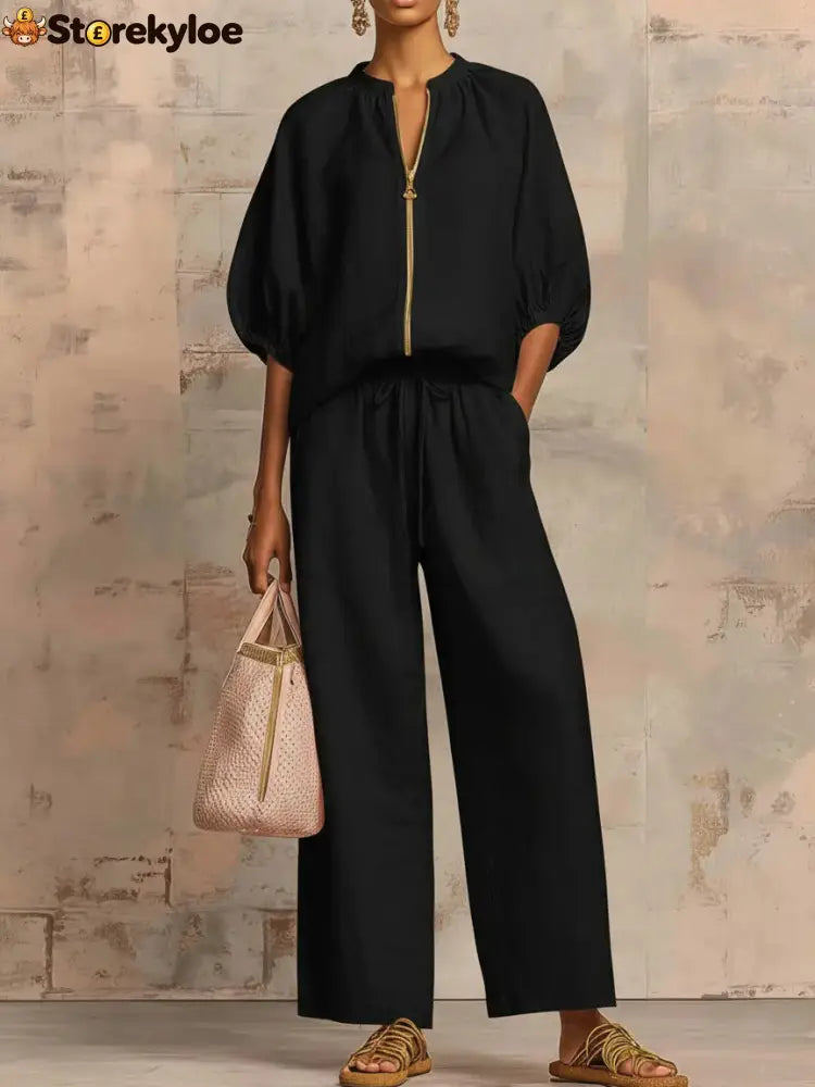 New Arrivals🔥 Stylish Cozy Zipper Shirt & Wide-Leg Pants Linen Cotton Two-Piece Set - Black / S