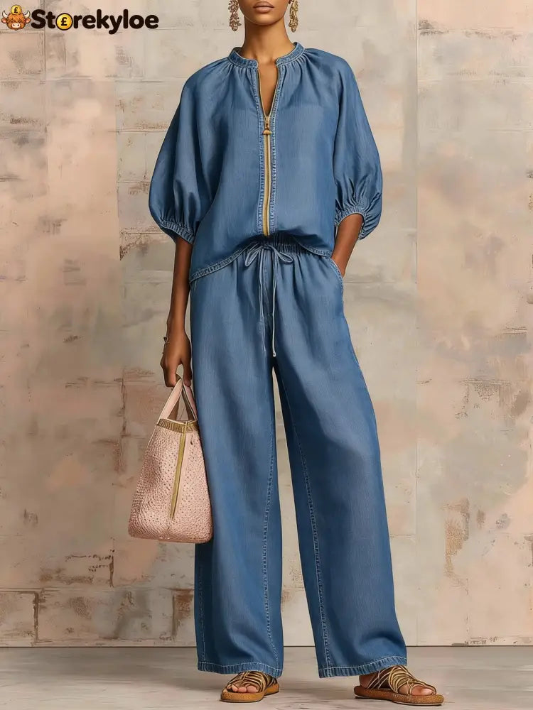 New Arrivals🔥 Stylish Cozy Zipper Shirt & Wide-Leg Pants Linen Cotton Two-Piece Set - Denim blue / S