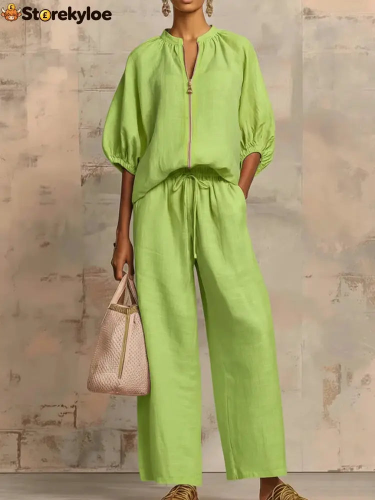 New Arrivals🔥 Stylish Cozy Zipper Shirt & Wide-Leg Pants Linen Cotton Two-Piece Set - Fluorescent green / S