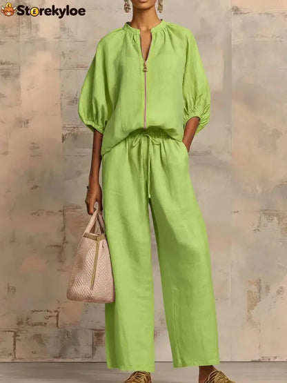New Arrivals🔥 Stylish Cozy Zipper Shirt & Wide-Leg Pants Linen Cotton Two-Piece Set - Fluorescent green / S