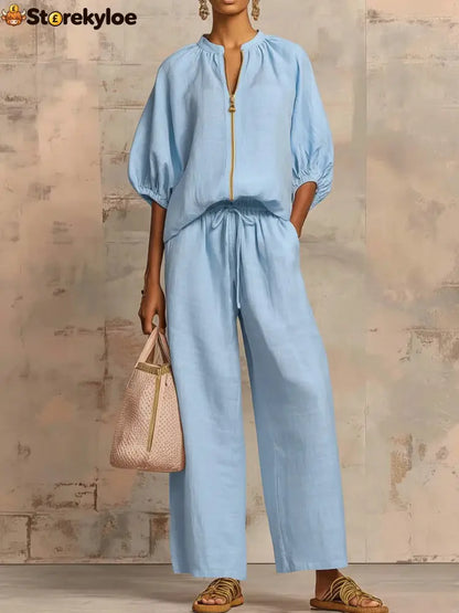 New Arrivals🔥 Stylish Cozy Zipper Shirt & Wide-Leg Pants Linen Cotton Two-Piece Set - Light blue / S