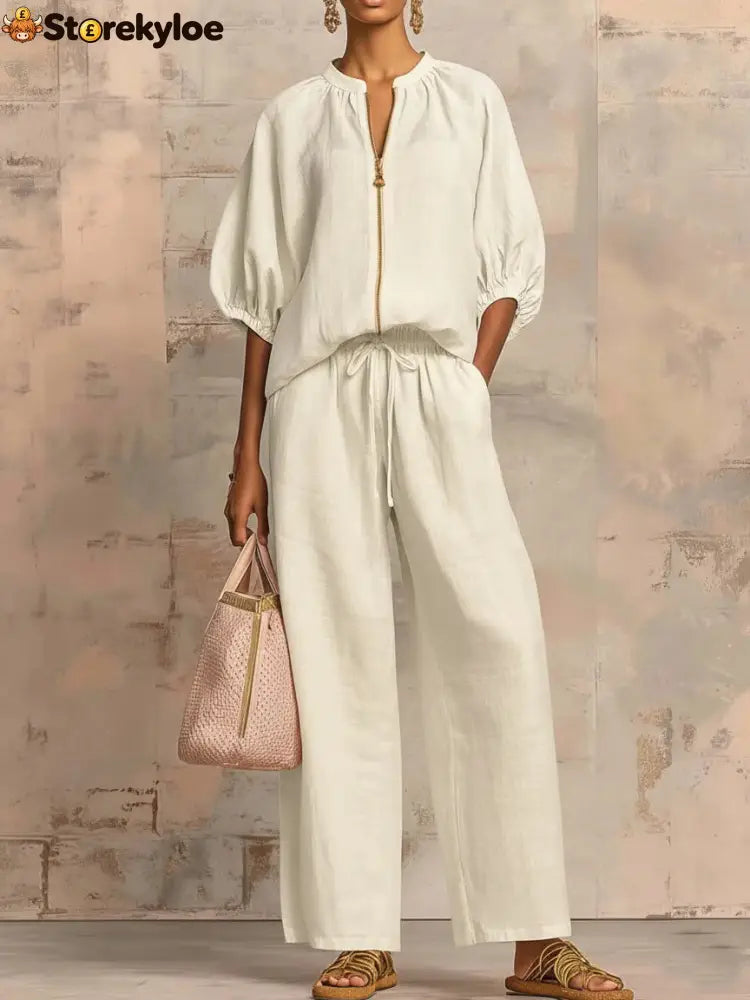 New Arrivals🔥 Stylish Cozy Zipper Shirt & Wide-Leg Pants Linen Cotton Two-Piece Set - Milky / S