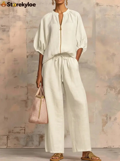 New Arrivals🔥 Stylish Cozy Zipper Shirt & Wide-Leg Pants Linen Cotton Two-Piece Set - Milky / S