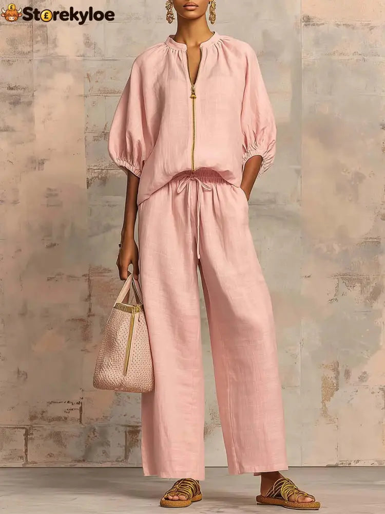 New Arrivals🔥 Stylish Cozy Zipper Shirt & Wide-Leg Pants Linen Cotton Two-Piece Set - Pink / S