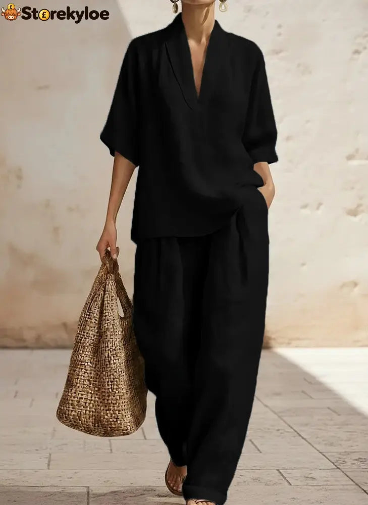 New Arrivals🔥 Women’s Casual Cozy Minimalist Linen Two-piece Set - Black / S
