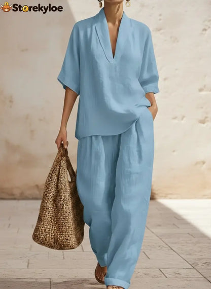 New Arrivals🔥 Women’s Casual Cozy Minimalist Linen Two-piece Set - Blue / S