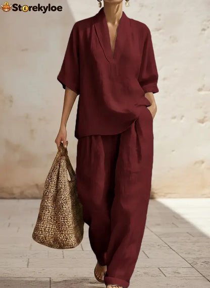 New Arrivals🔥 Women’s Casual Cozy Minimalist Linen Two-piece Set - Burgundy / S