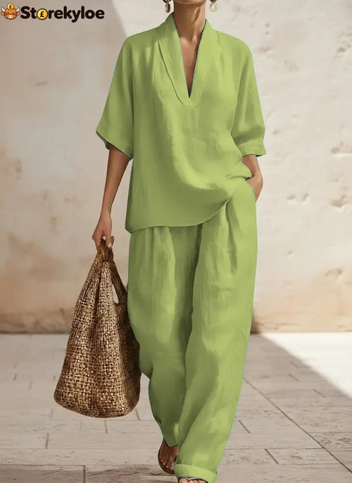 New Arrivals🔥 Women’s Casual Cozy Minimalist Linen Two-piece Set - Green / S