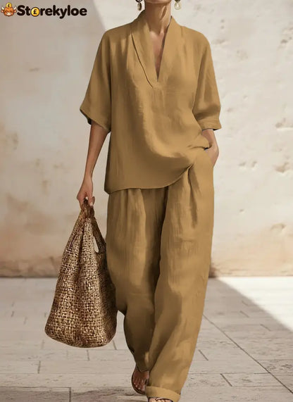 New Arrivals🔥 Women’s Casual Cozy Minimalist Linen Two-piece Set - Khaki / S