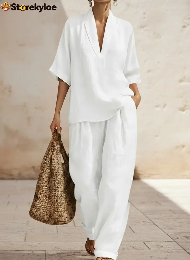 New Arrivals🔥 Women’s Casual Cozy Minimalist Linen Two-piece Set - White / S