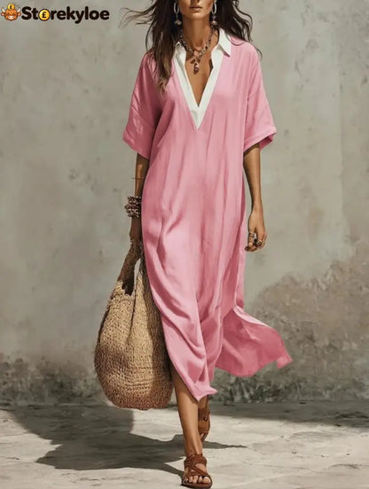 New Casual Bohemian Style Deep V-Neck Long Skirt - Pink / S
