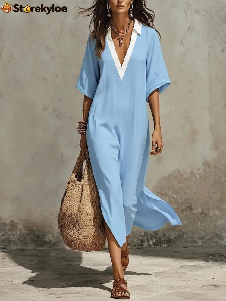 New Casual Bohemian Style Deep V-Neck Long Skirt - Sky blue / S