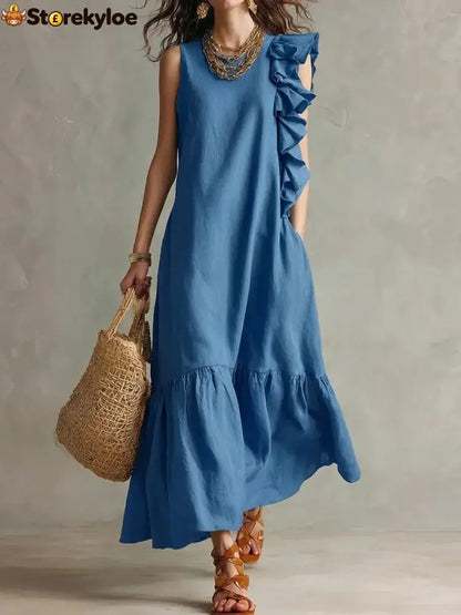 New Irregular Ruffled Sleeveless Women’S Dress - Blue / S