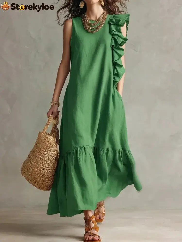 New Irregular Ruffled Sleeveless Women’S Dress - Green / S