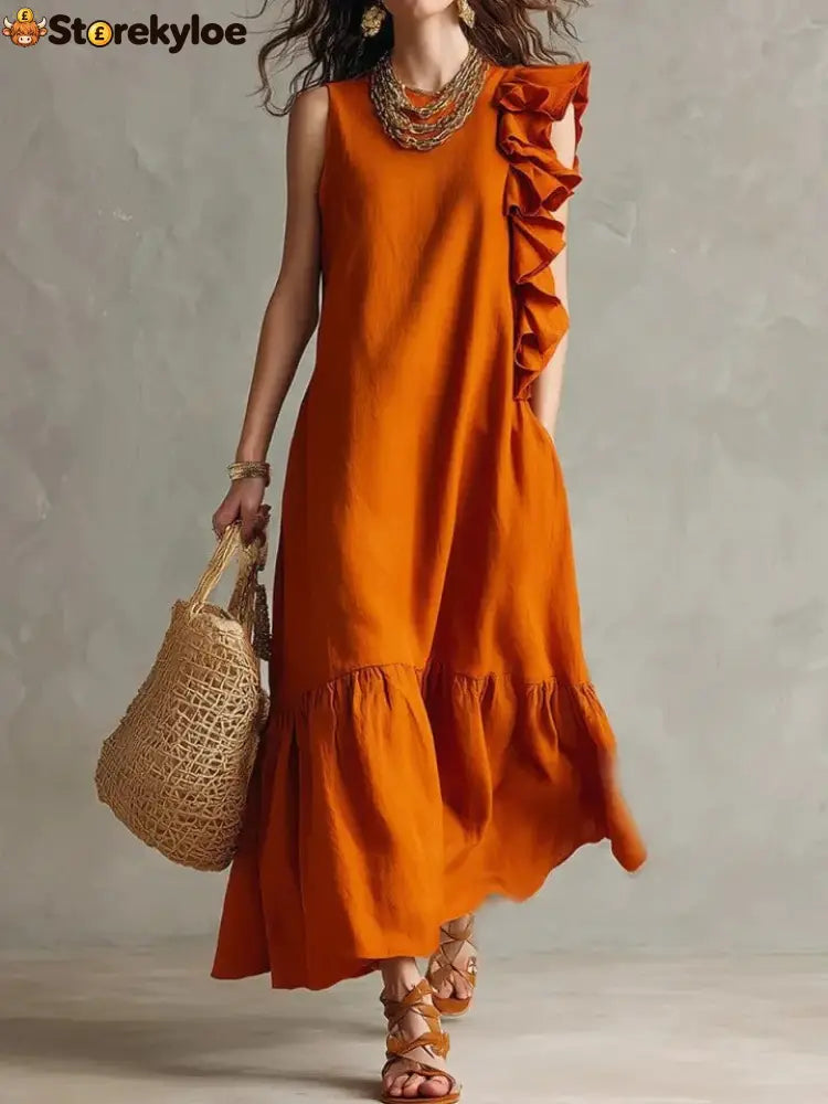 New Irregular Ruffled Sleeveless Women’S Dress - Orange red / S