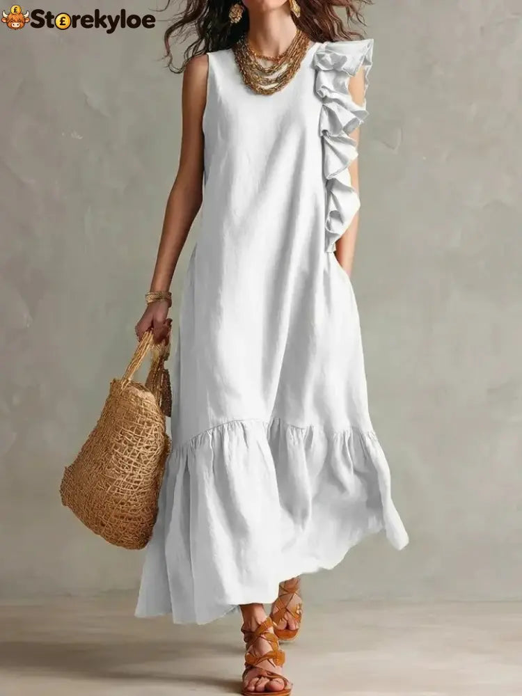 New Irregular Ruffled Sleeveless Women’S Dress - White / S