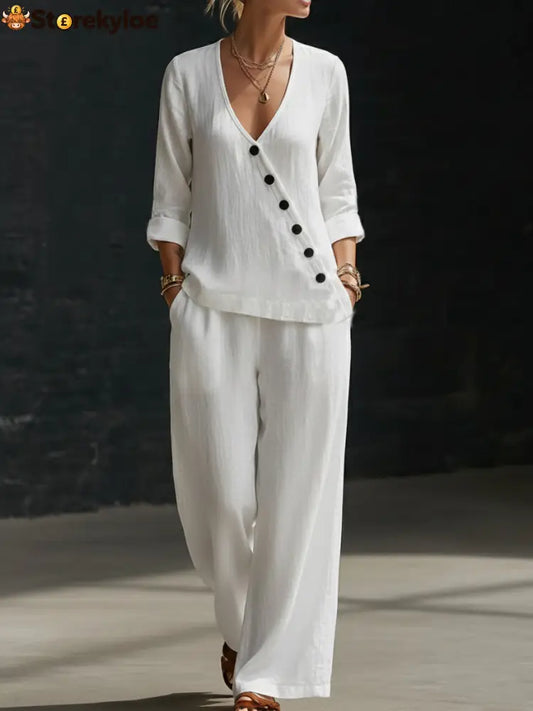 NEW🔥Minimalist V-neck Shirt And Wide-leg Pants Two-piece Set - White / S