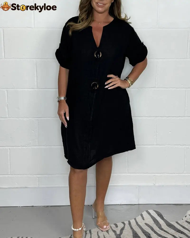 New Plus Size Button Up Tunic Dress - Black / S