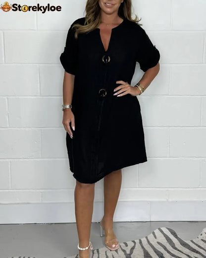 New Plus Size Button Up Tunic Dress - Black / S