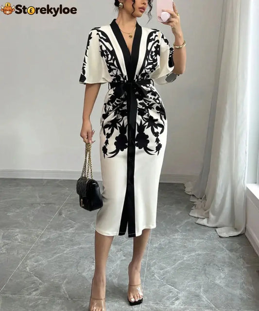 Noir Print Midi Dress - WHITE / S