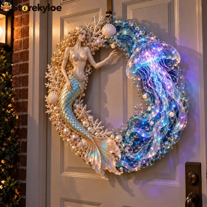 🌊 Ocean Enchantment – Lighted Mermaid & Jellyfish Wreath