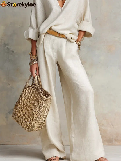 Off White Natural Linen Loose Fitting Resort Wear Set
