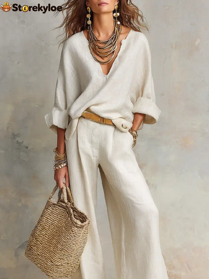 Off White Natural Linen Loose Fitting Resort Wear Set