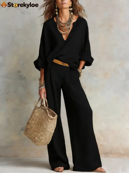 Off White Natural Linen Loose Fitting Resort Wear Set - Black / XS