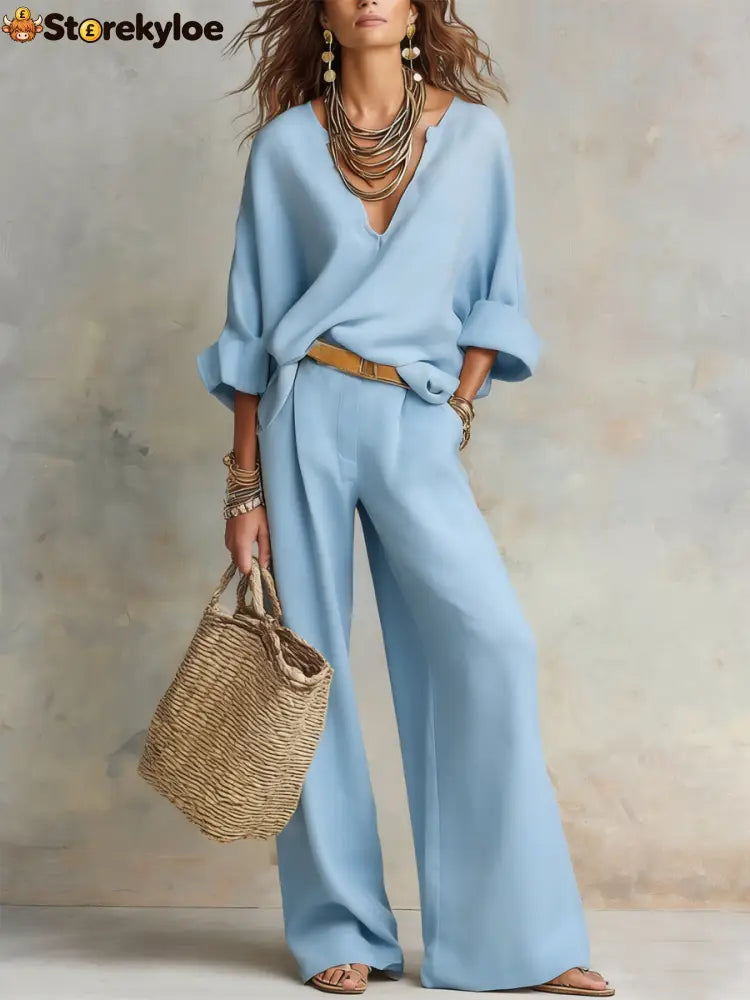 Off White Natural Linen Loose Fitting Resort Wear Set - Blue / XS