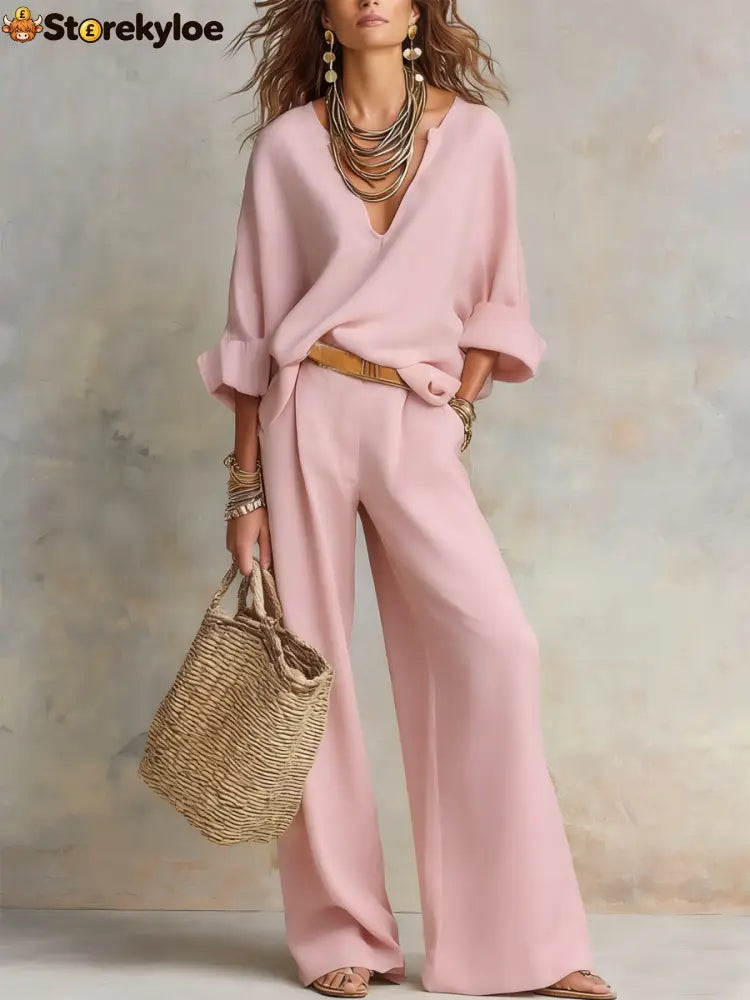 Off White Natural Linen Loose Fitting Resort Wear Set - Pink / XS