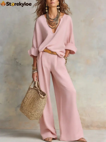 Off White Natural Linen Loose Fitting Resort Wear Set - Pink / XS