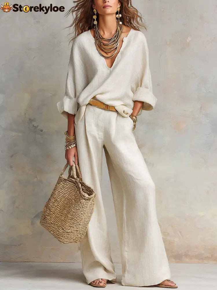 Off White Natural Linen Loose Fitting Resort Wear Set - Off White / XS