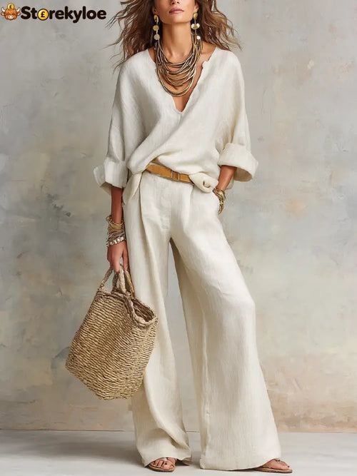 Off White Natural Linen Loose Fitting Resort Wear Set - Off White / XS