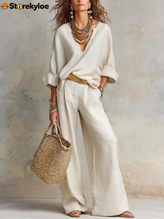 Off White Natural Linen Loose Fitting Resort Wear Set - Off White / XS