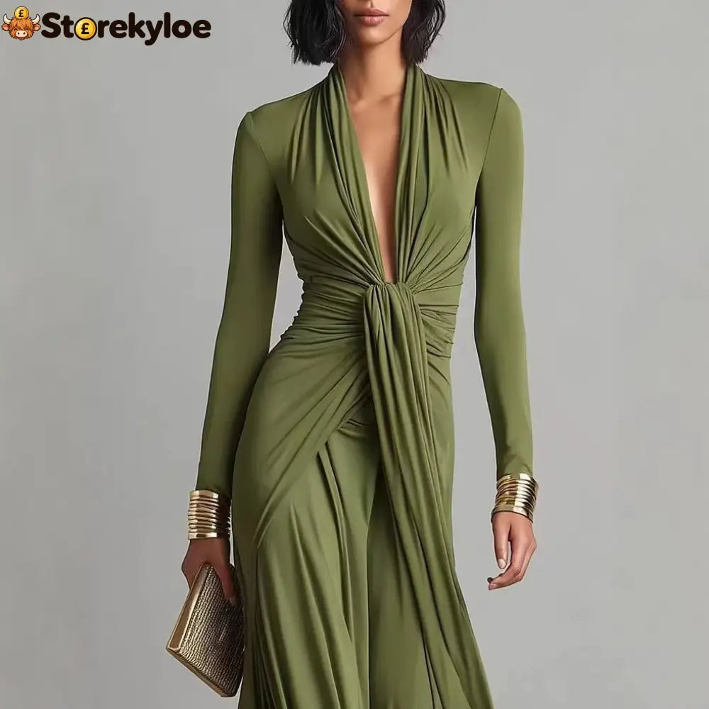 Olive Green Deep V-neck Pleated Glamorous Maxi Dress
