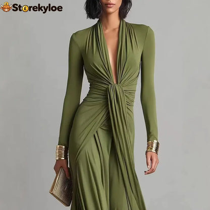 Olive Green Deep V-neck Pleated Glamorous Maxi Dress