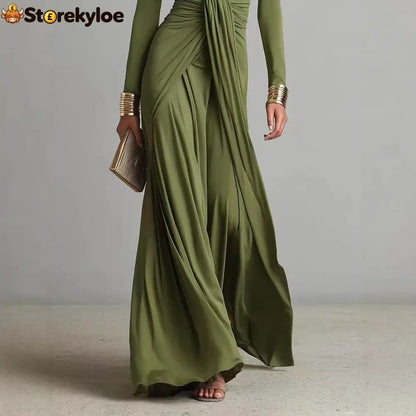 Olive Green Deep V-neck Pleated Glamorous Maxi Dress