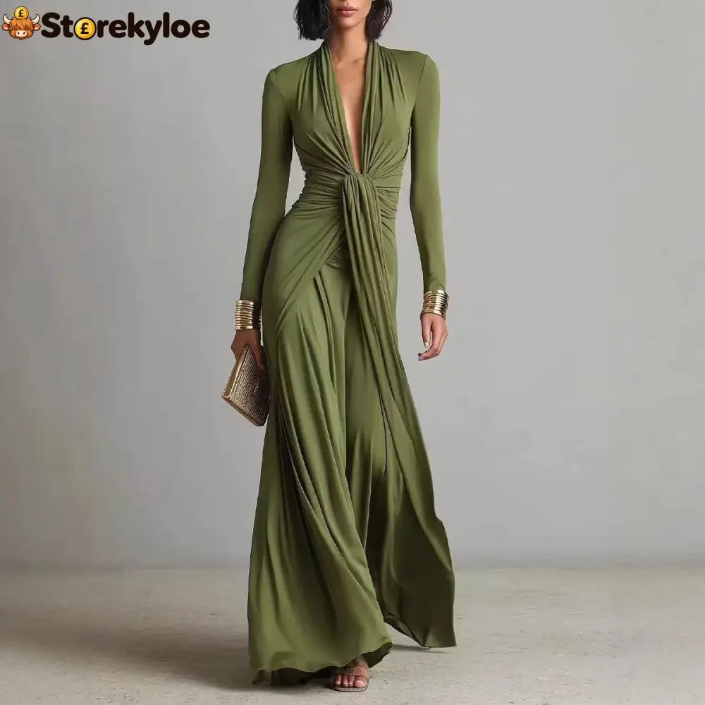Olive Green Deep V-neck Pleated Glamorous Maxi Dress - Olive Green / XS