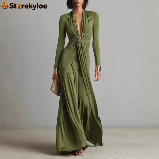 Olive Green Deep V-neck Pleated Glamorous Maxi Dress - Olive Green / XS