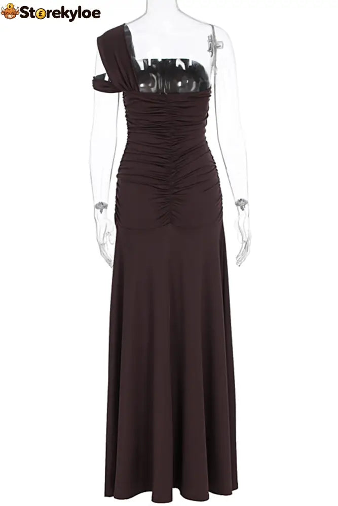 One Shoulder Ruched High Slit Slim Fit Solid Color Party Maxi Dresses-Brown