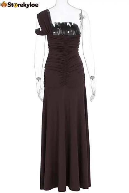 One Shoulder Ruched High Slit Slim Fit Solid Color Party Maxi Dresses-Brown