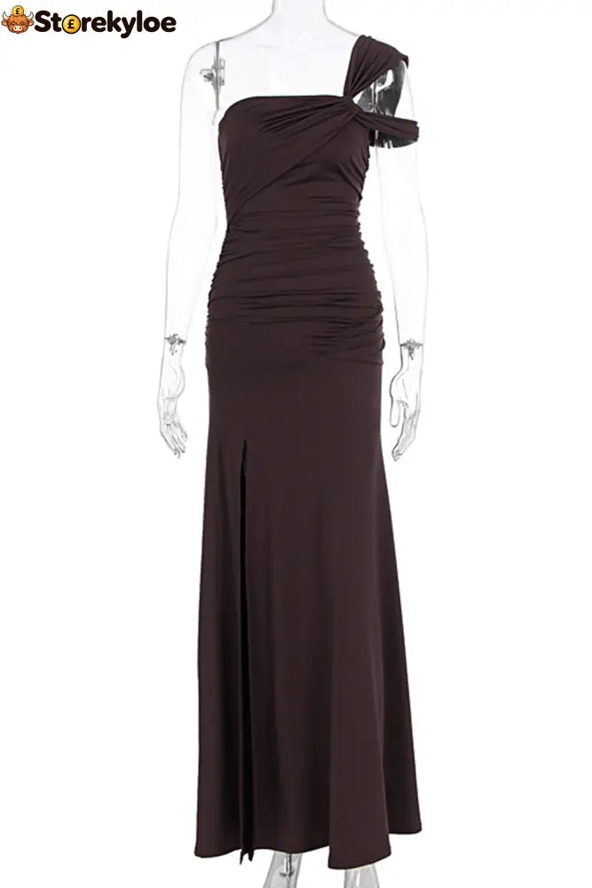 One Shoulder Ruched High Slit Slim Fit Solid Color Party Maxi Dresses-Brown