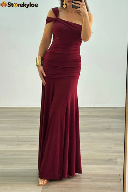 One Shoulder Ruched High Slit Slim Fit Solid Color Party Maxi Dresses-Brown - Burgundy / S