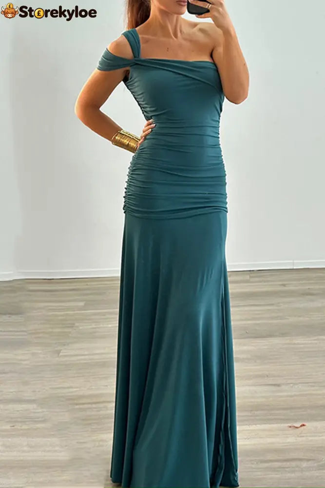 One Shoulder Ruched High Slit Slim Fit Solid Color Party Maxi Dresses-Brown - Green / S