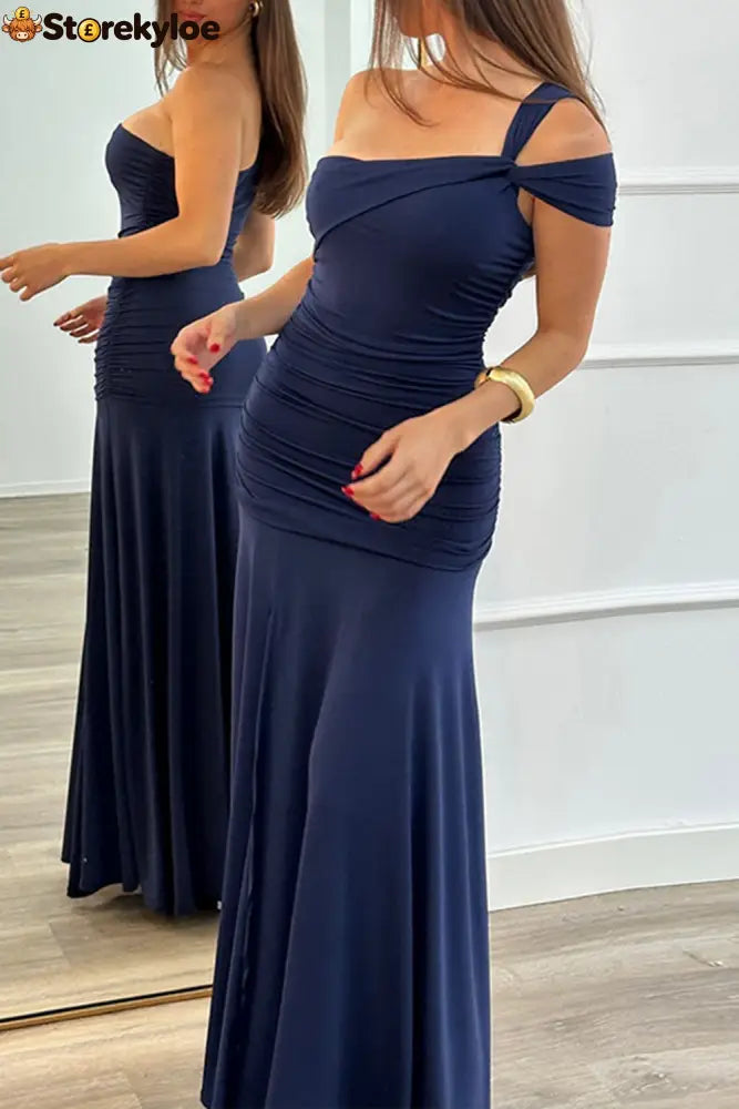 One Shoulder Ruched High Slit Slim Fit Solid Color Party Maxi Dresses-Brown - Navy / S