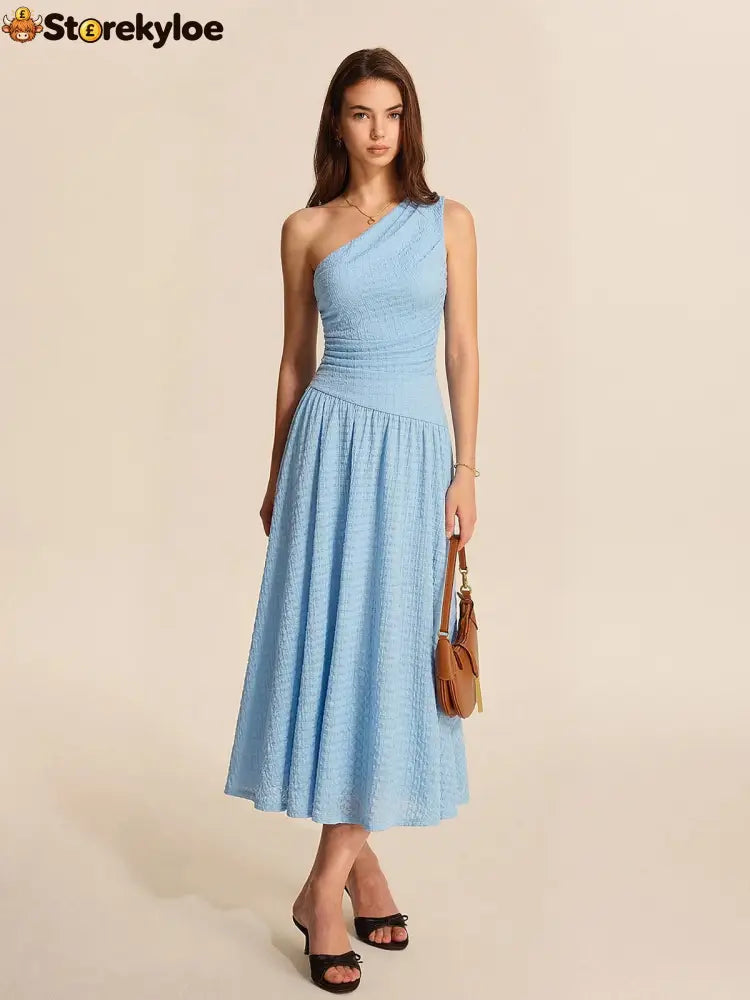 One-Shoulder Ruched Textured Midi Dress - Blue / XS