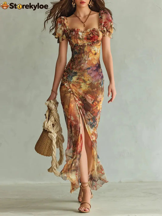 Orange Bohemian Holiday Oil Painting Print Chiffon Maxi Dress - Orange / XS