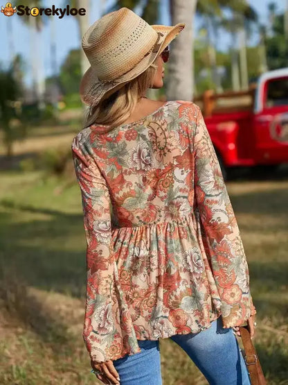 Orange Boho Women’s Paisley Print Mesh Long Sleeve Tie Front Asymmetric top