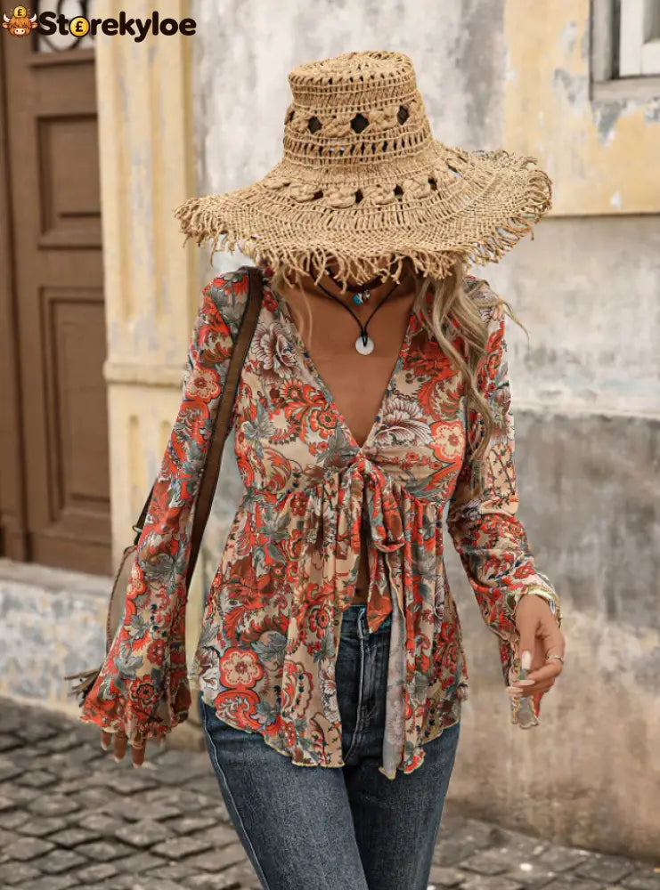 Orange Boho Women’s Paisley Print Mesh Long Sleeve Tie Front Asymmetric top
